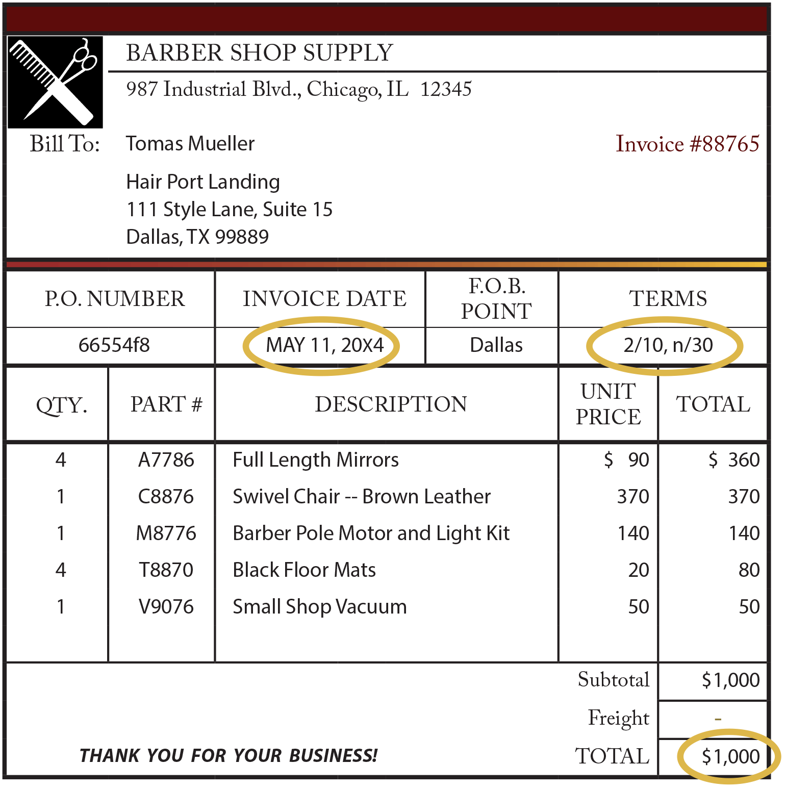 Barber Shop Supply Invoice Example